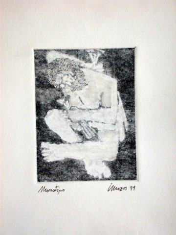 Monotipo8: El filosofo en el baño - 1999 - Soporte32x23cm - Plancha 16x12cm - Papel 250gr. Canson Guarro.VENDIDO.