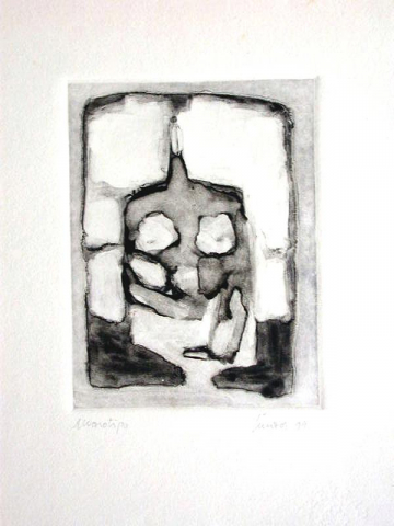 Monotipo25: Hacer el calvo - 1999 - Soporte 32x23cm - Plancha 16x12cm - Papel 250gr. Canson Guarro -VENDIDO